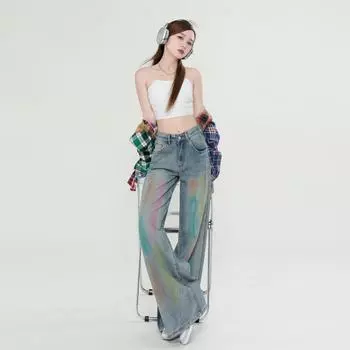Американские ретро-радужные граффити, цветные широкие джинсы, женские швабры для пола XS синий