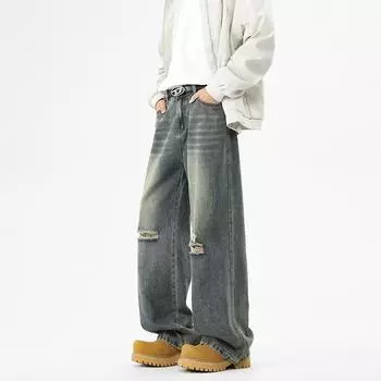 Американские Ретро Рваные Джинсы Мужские Весенние Новые Свободные Широкие Повседневные Брюки S