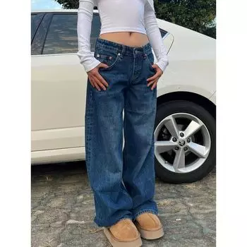 Американские ретро синие джинсы прямого кроя, подходящие ко всему, женские, новинка, свободные, подходящие ко всему, стройнящие, с высокой талией, широкие брюки, повседневные Blue L