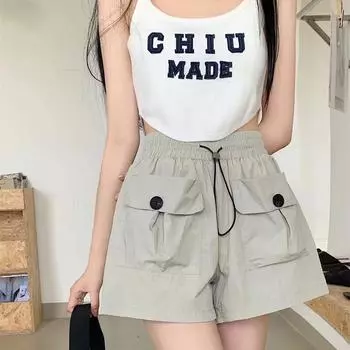 Американские ретро спортивные и повседневные рабочие шорты для женщин летом тонкие и персонализированные быстросохнущие А-силуэта свободные и универсальные шорты S хаки