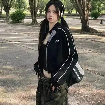 Американские ретро-толстовки с капюшоном на молнии женские кардиганы куртки женские весенние и осенние тонкие короткие пальто женские топы толстовки оптом S чёрный