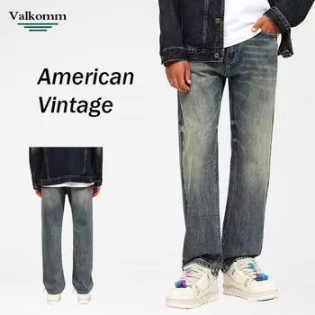 Американские ретро-желтые джинсы прямого покроя Four Seasons Mud Dyed, мужские винтажные свободные широкие брюки 28