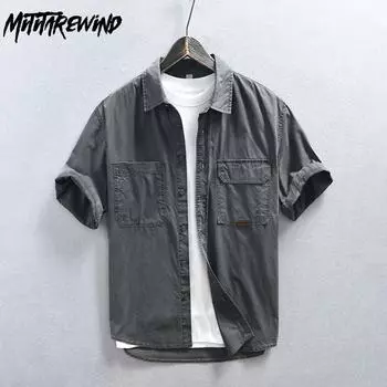 Рубашки American Cargo с коротким рукавом для мужчин, новая модная летняя рубашка из 100% хлопка, повседневная рубашка с двойными карманами, молодежный свободный топ M серый