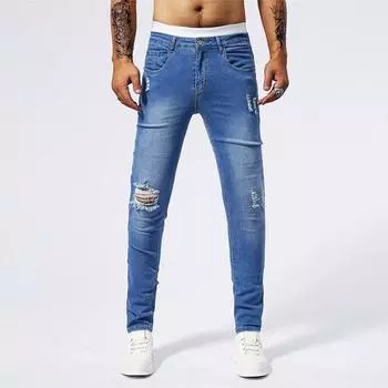 Американские рваные джинсы с заплатками мужские зауженные прямые брюки 29 синий
