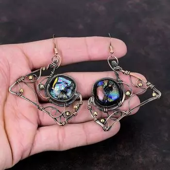 Американские серьги из дихроичного стекла, серьги из медной проволоки, серьги ручной работы с драгоценными камнями, медная проволока, ювелирные изделия, подарок для женщин, новые серьги