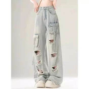 Американские шикарные полые повседневные винтажные женские джинсы, летние модные потертые уличные простые женские широкие брюки с несколькими карманами S синий