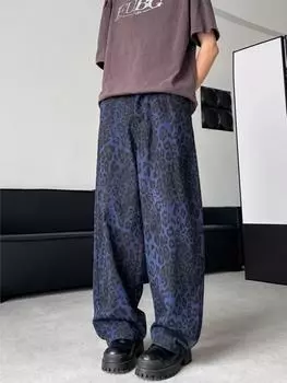 Американские синие леопардовые брюки с принтом джинсы для мужчин Американские хип-хоп брюки высокой уличной моды Уличная одежда Мешковатые джинсы Y2k мужские Винтажные Harajuku Trou S синий
