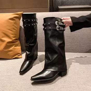 Американские Spice Girls Винтажные заклепочные рыцарские сапоги Узкие сапоги Ботинки с ворсом Длинные сапоги Маленькие женские сапоги Брючные сапоги 35