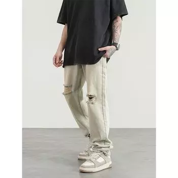 Американские уличные потертые старые пожелтевшие свободные джинсы, мужские универсальные повседневные нишевые длинные брюки жареного уличного дизайна 2XL