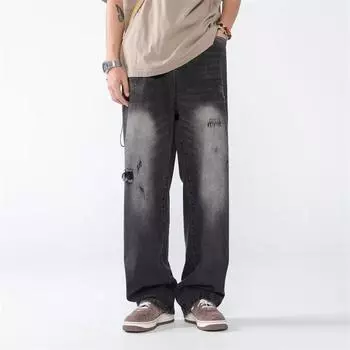 Американские уличные потертые винтажные джинсы мужские весна и осень прямые свободные длинные брюки в европейском и американском стиле High Street Vibe S синий