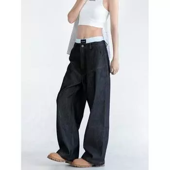 Американские уличные потертые винтажные джинсы мужские весна и осень прямые свободные длинные брюки в европейском и американском стиле High Street Vibe S темно-синий