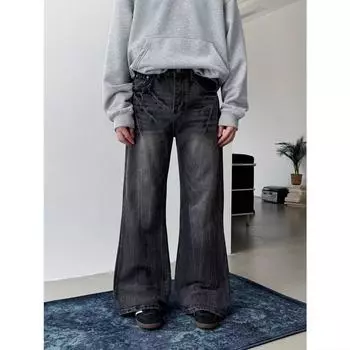Американские уличные потертые винтажные джинсы мужские весна и осень прямые свободные длинные брюки в европейском и американском стиле High Street Vibe S чёрный