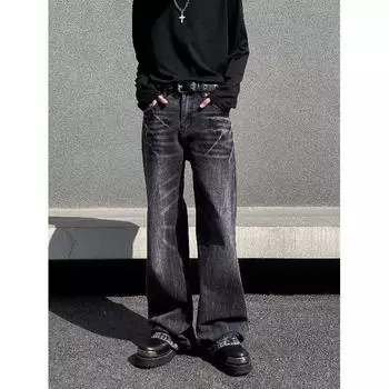 Американские уличные потертые винтажные джинсы мужские весна и осень прямые свободные длинные брюки в европейском и американском стиле High Street Vibe S чёрный