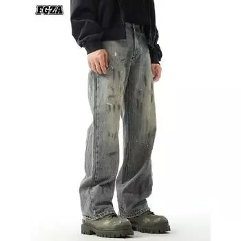 Американские уличные потертые винтажные джинсы мужские весна и осень прямые свободные длинные брюки в европейском и американском стиле High Street Vibe S синий