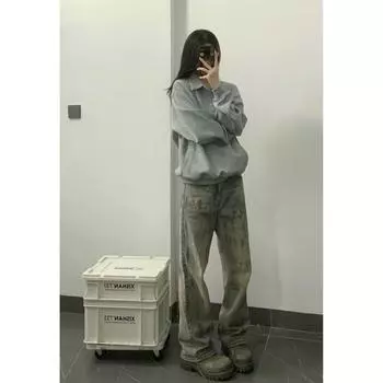 Американские уличные потертые винтажные джинсы мужские весна и осень прямые свободные длинные брюки в европейском и американском стиле High Street Vibe S синий