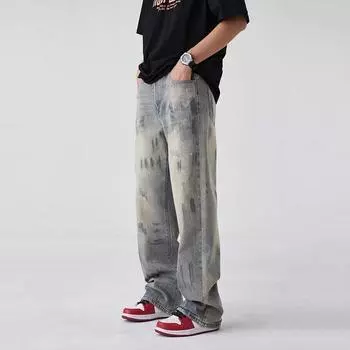 Американские уличные потертые винтажные джинсы мужские весна и осень прямые свободные длинные брюки в европейском и американском стиле High Street Vibe S синий