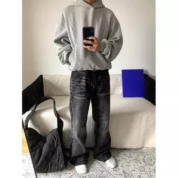 Американские уличные потертые винтажные джинсы мужские весна и осень прямые свободные длинные брюки в европейском и американском стиле High Street Vibe S чёрный