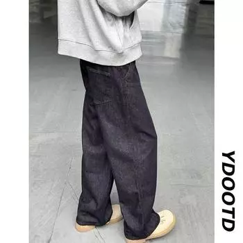 Американские уличные потертые винтажные джинсы мужские весна и осень прямые свободные длинные брюки в европейском и американском стиле High Street Vibe S темно-синий