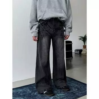Американские уличные потертые винтажные джинсы мужские весна и осень прямые свободные длинные брюки в европейском и американском стиле High Street Vibe S чёрный