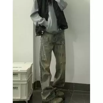 Американские уличные потертые винтажные джинсы мужские весна и осень прямые свободные длинные брюки в европейском и американском стиле High Street Vibe S синий