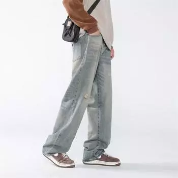 Американские уличные потертые винтажные джинсы мужские весна и осень прямые свободные длинные брюки в европейском и американском стиле High Street Vibe S синий