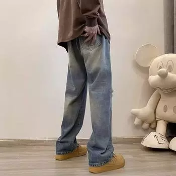 Американские уличные потертые винтажные джинсы мужские весна и осень прямые свободные длинные брюки в европейском и американском стиле High Street Vibe S синий