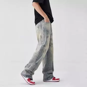 Американские уличные потертые винтажные джинсы мужские весна и осень прямые свободные длинные брюки в европейском и американском стиле High Street Vibe S синий
