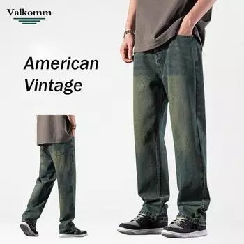 Американские уличные ретро мужские джинсы высокого класса прямые джинсы мужские простые свободные длинные брюки из денима 28 оливковое зеленый