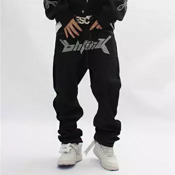 Американские уличные ретро-принты с буквенным принтом, стираные черные джинсы, свободные прямые широкие брюки в стиле хип-хоп L