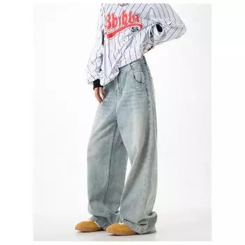 Американские уличные универсальные джинсы Daddy для мужчин и женщин, ретро-брюки с драпировкой, прямые свободные повседневные брюки с широкими штанинами S синий