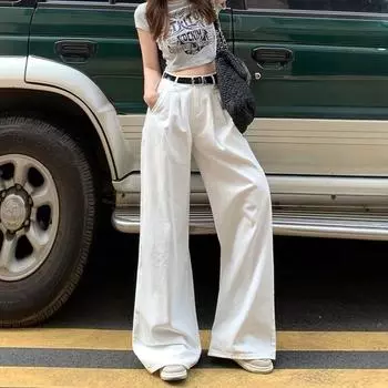 Американские винтажные белые джинсы, женские прямые джинсовые брюки с высокой талией, корейские повседневные свободные широкие брюки S белый
