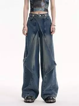 Американские винтажные дизайнерские джинсы с высокой талией, женские модные повседневные лоскутные свободные брюки, женские уличные нерегулярные ковбойские брюки в стиле Харадзюку S чёрный