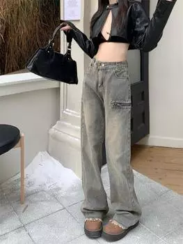 Американские винтажные джинсы-карго 2000-х годов, женские винтажные джинсы-карго с высокой талией Y2k Harajuku, женские ретро-модные повседневные широкие брюки 90-х годов S сине серый