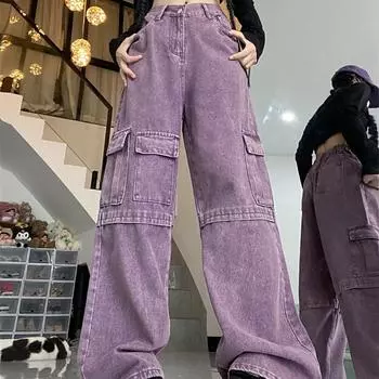Американские винтажные джинсы-карго больших размеров с высокой талией, женские осенние свободные широкие брюки для полных девушек, утягивающие брюки грушевидной формы S фиолетовый