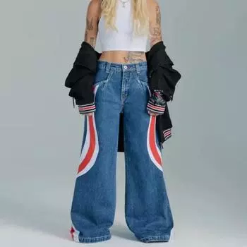 Американские винтажные джинсы с высокой талией Y2K, свободные лоскутные джинсовые брюки, широкие брюки, уличная одежда S