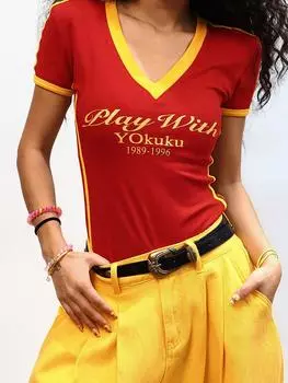 Американские винтажные футболки Y2k, женские уличные футболки в полоску с коротким рукавом в стиле Харадзюку, модные топы с буквенным принтом, новинка лета S чёрный