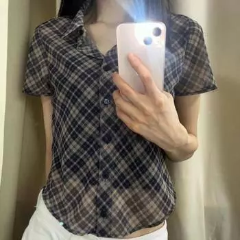 Американские винтажные клетчатые рубашки, уличные женские летние новые модные облегающие блузки, готические Y2k, короткие топы с лацканами для девочек, Mujer S синий