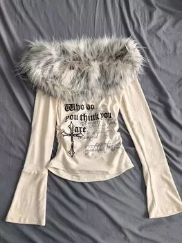 Американские винтажные меховые топы с принтом для женщин 2000-х годов, футболка на одно плечо, тонкая, милая, для девушек, повседневная, базовая одежда S бежевый