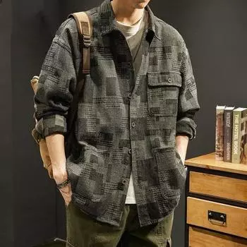 Американские винтажные мужские клетчатые рабочие рубашки, пальто, весенне-осенняя модная новая мужская одежда, повседневные свободные черные, серые куртки с длинными рукавами S чёрный