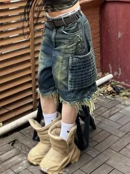 Американские винтажные потертые брюки женские с необработанным краем кармана карго четверть брюки женские уличные прямые широкие брюки M синий