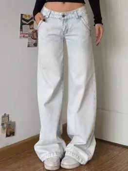 Американские винтажные потертые джинсы High Street, женские, весна-осень, с низкой талией, тонкие, широкие брюки, модный дизайн 2000-х годов, повседневные длинные брюки S светло-синий