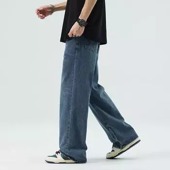 Американские винтажные вымытые мужские джинсы, повседневные мужские брюки, прямые мешковатые джинсы с боковой молнией, молодежные новые модные джинсовые брюки M синий