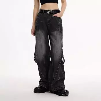 Американские винтажные прямые джинсы с высокой талией, женские черные брюки, повседневные мешковатые брюки Y2K, широкие брюки в стиле гранж, джинсовые брюки в уличном стиле M чёрный