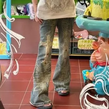 Американские винтажные прямые джинсы с высокой талией в уличном стиле, модные брюки, женские широкие брюки с принтом Y2K, джинсовые брюки в стиле ретро XL