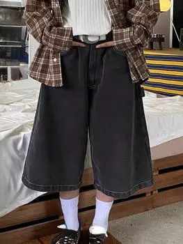 Американские винтажные прямые шорты с высокой талией, женские повседневные шорты Y2K, мешковатые широкие джинсовые шорты в уличном стиле S серый