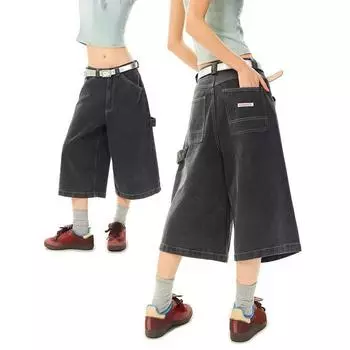 Американские винтажные прямые шорты с высокой талией, женские повседневные шорты Y2K 2000-х годов, мешковатые широкие брюки в стиле гранж, джинсовые шорты в уличном стиле XS темно серый