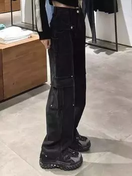 Американские винтажные уличные джинсы с несколькими карманами Женская мода с высокой талией Прямые свободные брюки-карго Женские Y2k Корейские повседневные широкие брюки S чёрный