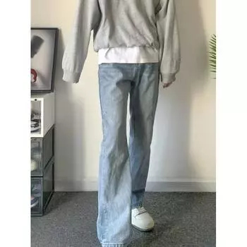 Американские вымытые джинсы из денима, мужские осенние новые свободные прямые брюки-швабры, повседневные широкие джинсовые брюки S светло-синий