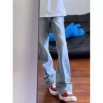Американские вымытые джинсы из денима, мужские осенние новые свободные прямые брюки-швабры, повседневные широкие джинсовые брюки S светло-синий