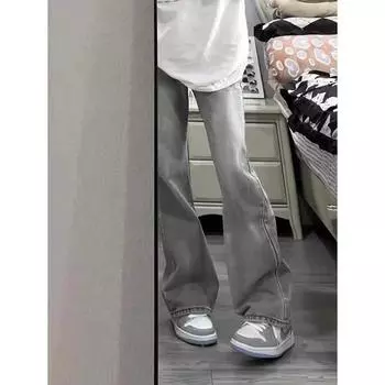 Американские вымытые джинсы из денима, мужские осенние новые свободные прямые брюки-швабры, повседневные широкие джинсовые брюки S серый